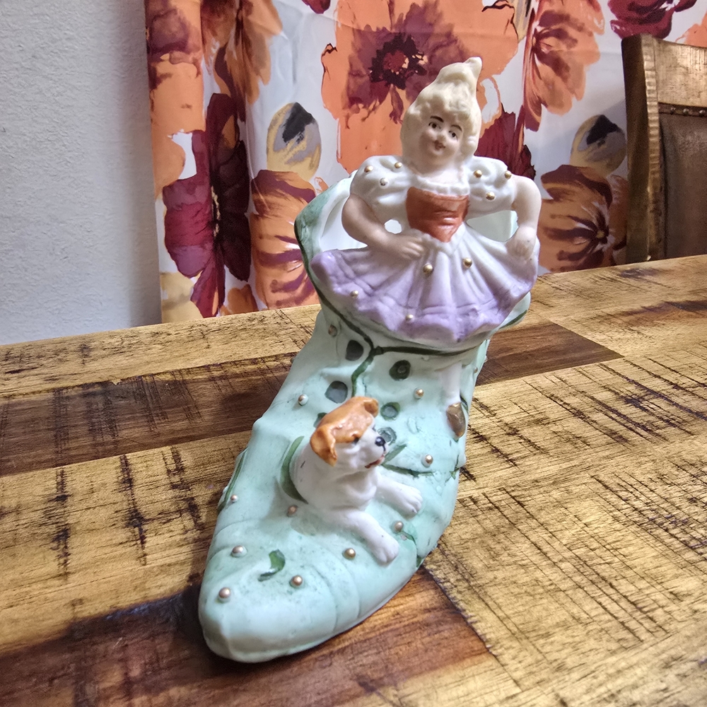Vintage Porcelain "girl with her dog" shoe figurine, Victorian style